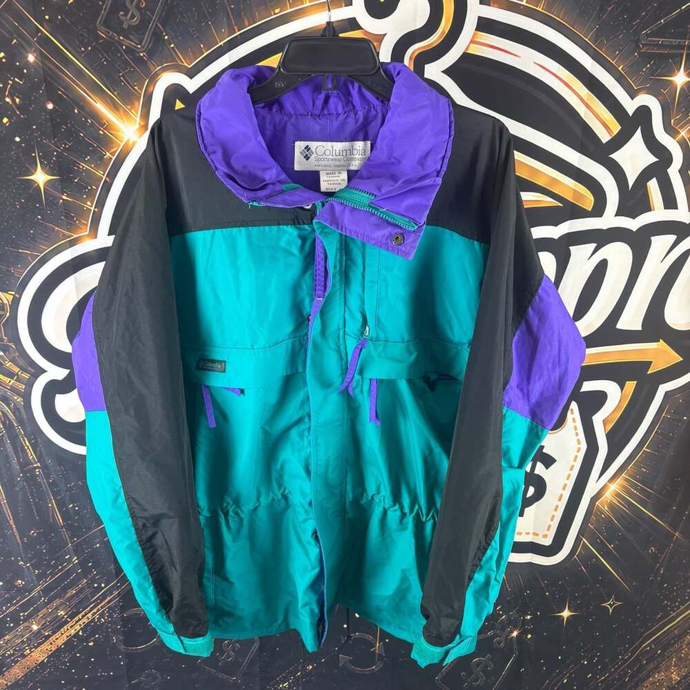 Vintage 90s Columbia Sportswear Colorblock Windbreaker Teal Purple Black Mens L